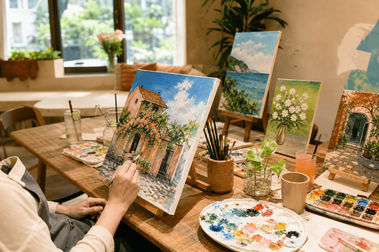 Bàn workshop vẽ tranh với canvas, màu vẽ và cọ